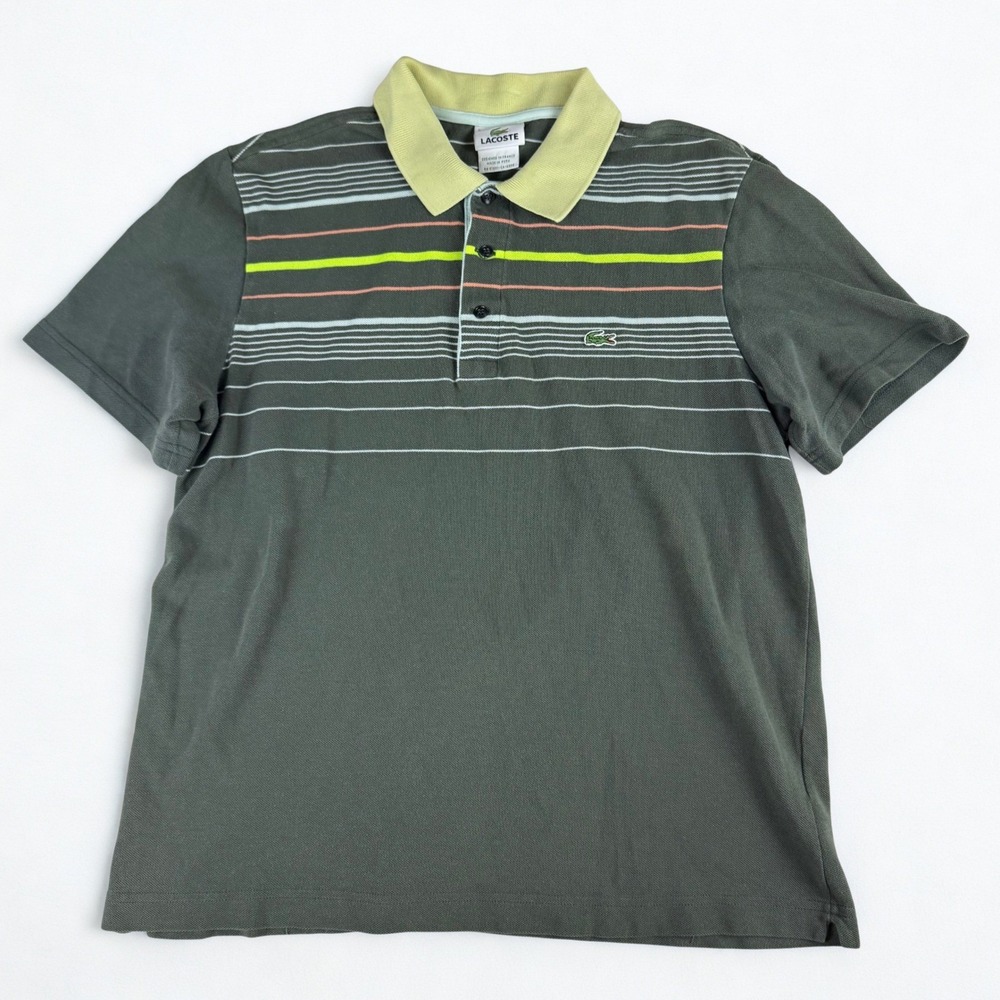 Lacoste Polo Shirt Mens 5 L Green Striped Short Sleeve Pique Cotton Classic Fit